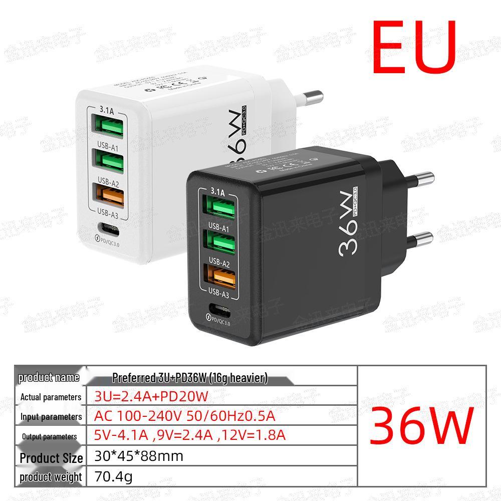 36W Multi-Port Charger with 3A+1C Ports, UK Standard, High-Power 3.1A Flash Charging