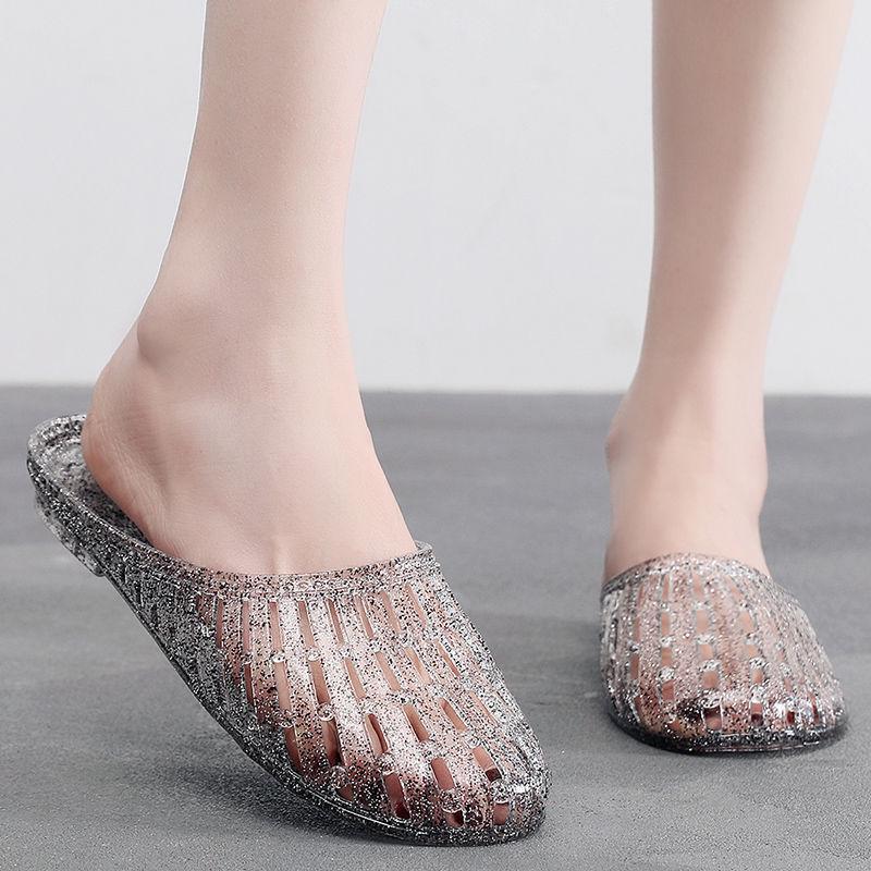 Women's Trendy Crystal Cool Non-Slip Slippers - Versatile Closed-Toe Hollow Design for Shower & Bathroom.
