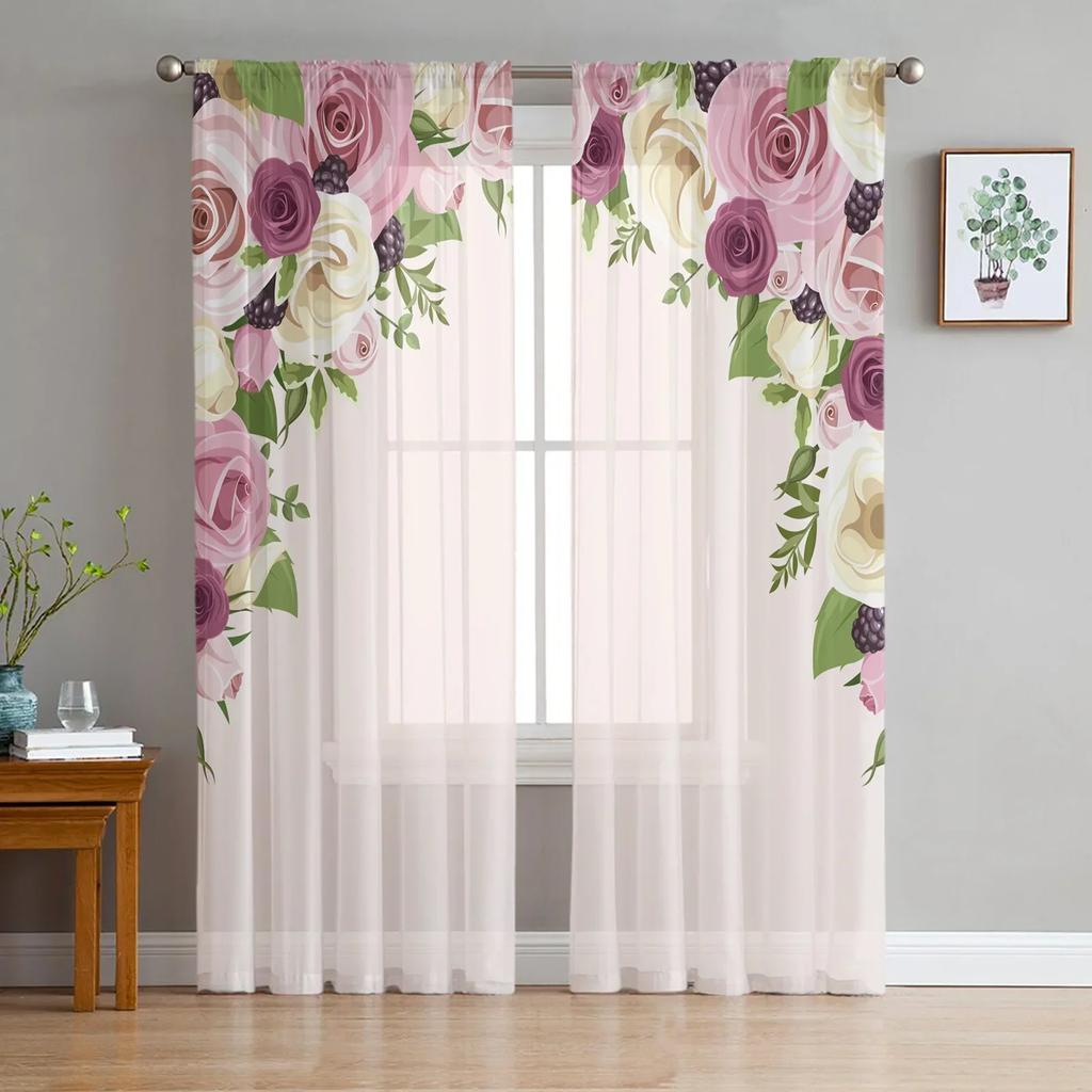 Pink Rose Flower Tulle Sheer Curtains for Living Room Decoration Window Curtain for Bedroom Kitchen Voile Organza Drapes