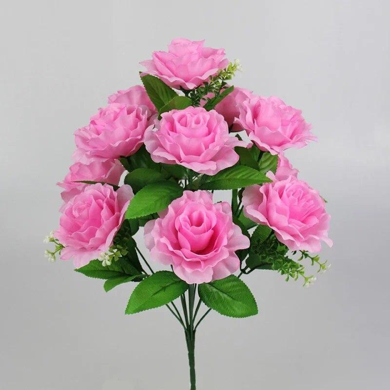 12 Heads Rayon Rose Bouquets 9-color Wedding Bride Hand Stick Flowers Valentine's Day Party Decoration Simulation Bouquets