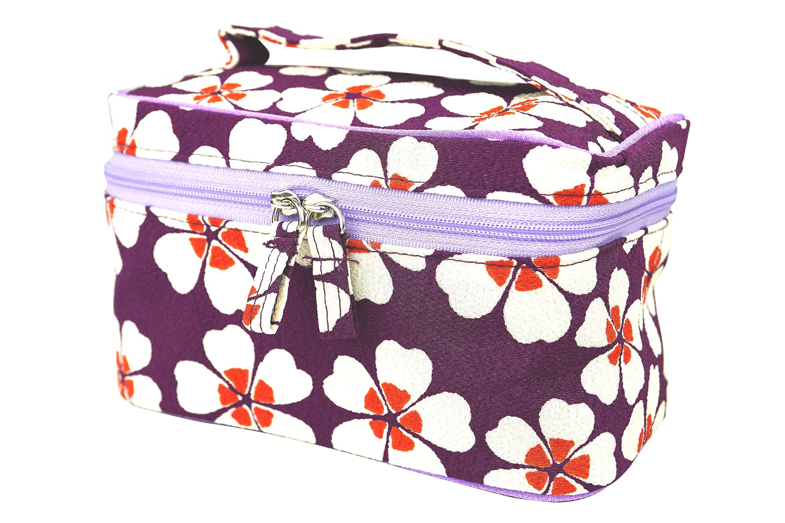 Uni Seni Futago Chirimen Japanese Pattern Vanity Pouch Cherry (0107-3) Japanese-made [Modern Blossom/Purple]