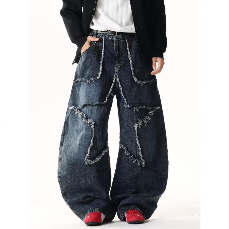 Unisex Retro Star Design Frayed Edge Wide Leg Jeans