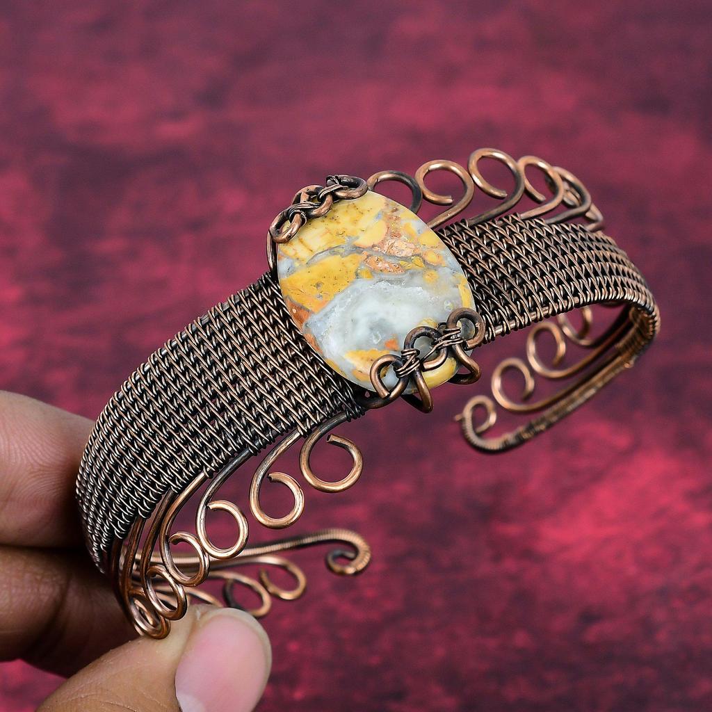 Maligano Jasper Gemstone Bangle Copper Wire Wrapped Adjustable Cuff Bracelet