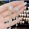 White Zircon Flower Tassel Earrings - Five-Petal Dangle with Anti-Loss Design