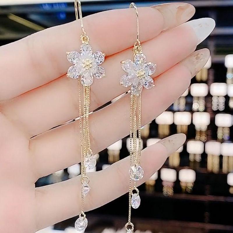 White Zircon Flower Tassel Earrings - Five-Petal Dangle with Anti-Loss Design