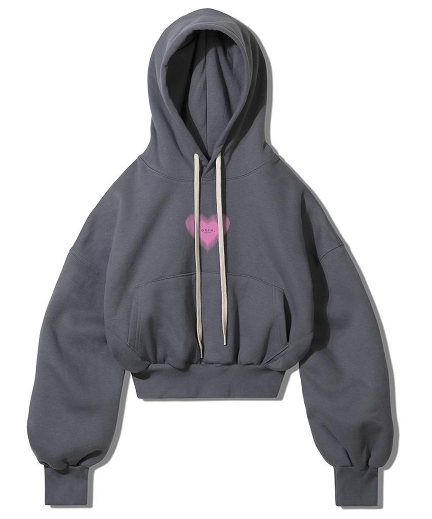 Oversized Premium Small Heart Beam Logo Crop Hoodie - Gray
