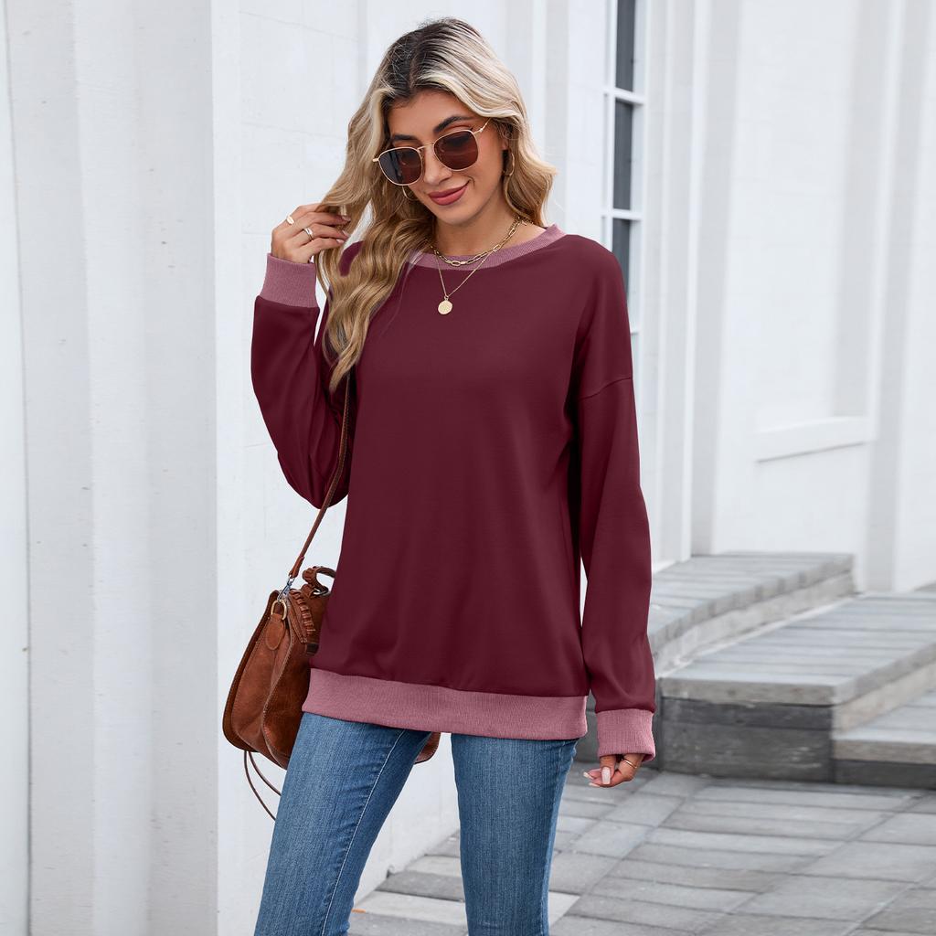 Women's Round Neck Loose Top Long Sleeved Color Blocked Ribbed Sweatshirt