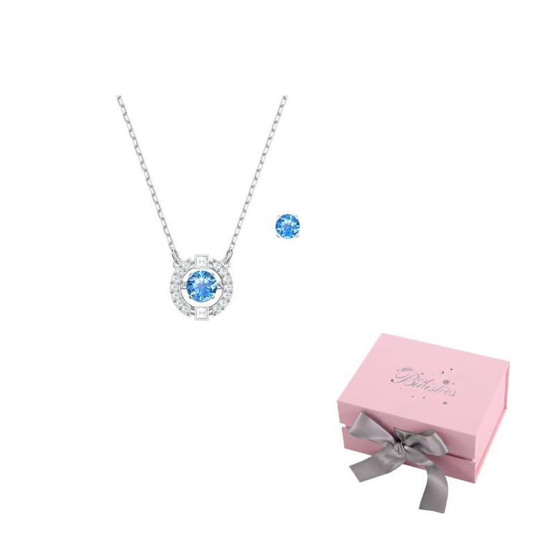 Swarovski Una Hoop Earrings Necklace Set Womens Blue/Plated White F-Pink bow gift box