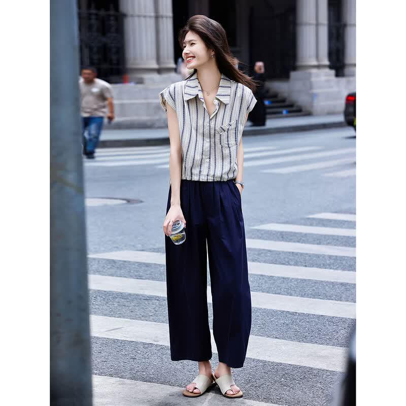 Women's Striped Sleeveless Shirt & Wide-Leg Pants Set