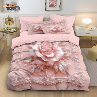 3-Pcs Dimensional Rose Flower Printed Down Duvet Cover, Various Sizes Of Bedding Decoration, Soft And Machine Washable