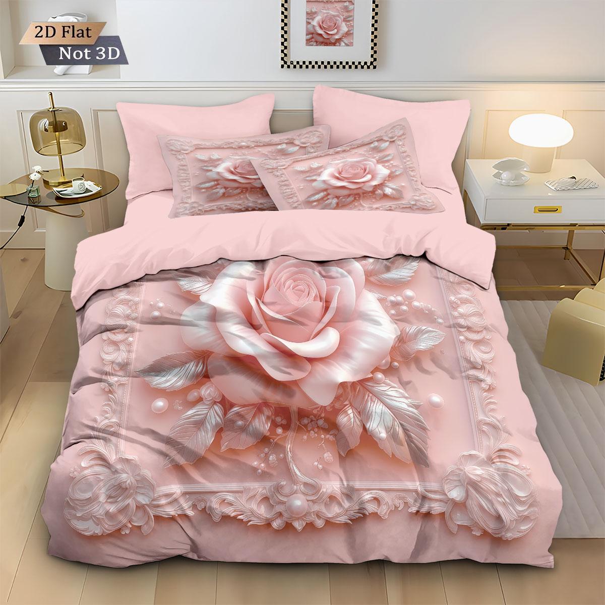 3-teiliges Set mit dreidimensionalem Rosenblüten-Aufdruck für Daunendecken, Mehrere Größen, Bettwäsche-Dekoration für Schlafzimmer, Maschinenwaschbar 135x200cm-EU-Single&set gray