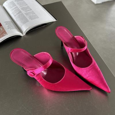 Fashion Satin Button Pointed Toe Pumps Women Slipper Fashion Shallow Thin High Heels Mules Ladies Shoes Zapatos De Mujer