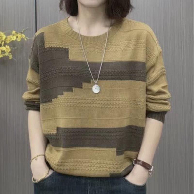 Autumn Winter Round Neck Patchwork Bottomed Sweater Women Loose Casual Vintage Knitting Pullover Top