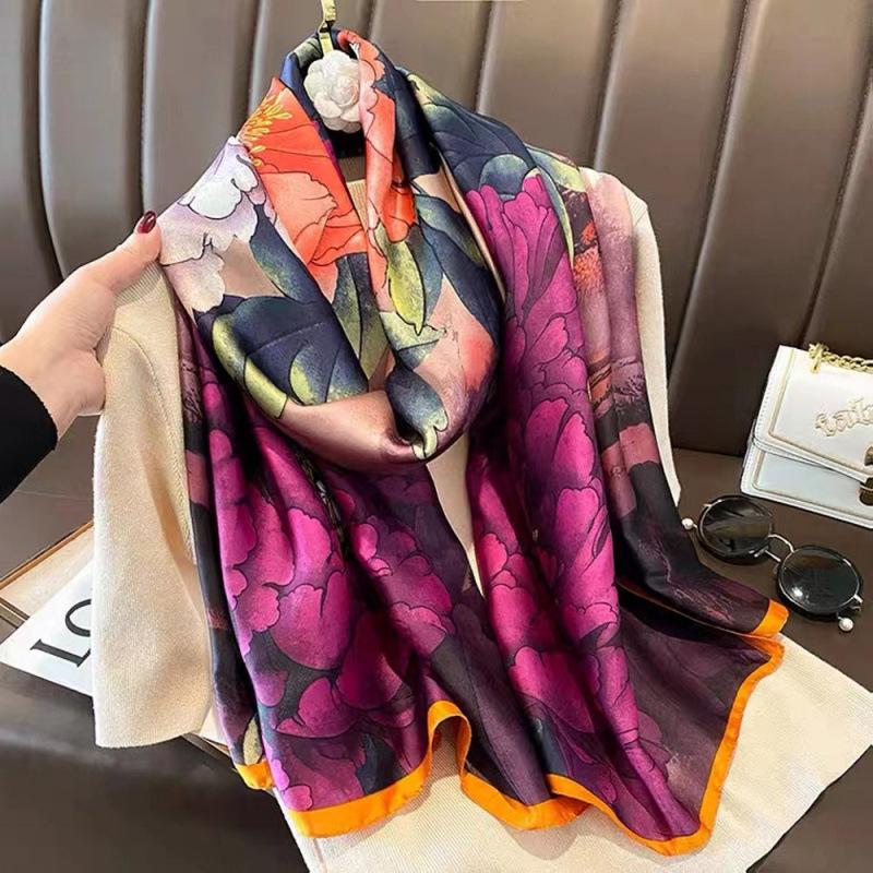 Spring and Summer Thin Silk Scarf High-end Printed Long Scarf New Satin Travel Sunscreen Scarf National Style Cloak