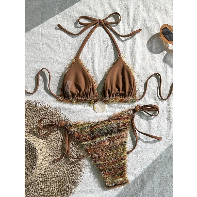 Sexy Coffee Striped Micro Bikini 2026 Women Towel Cloth Circle Push Up Bra Tie Side Thong Swimsuit Bathing Suit Holiday Swimwear