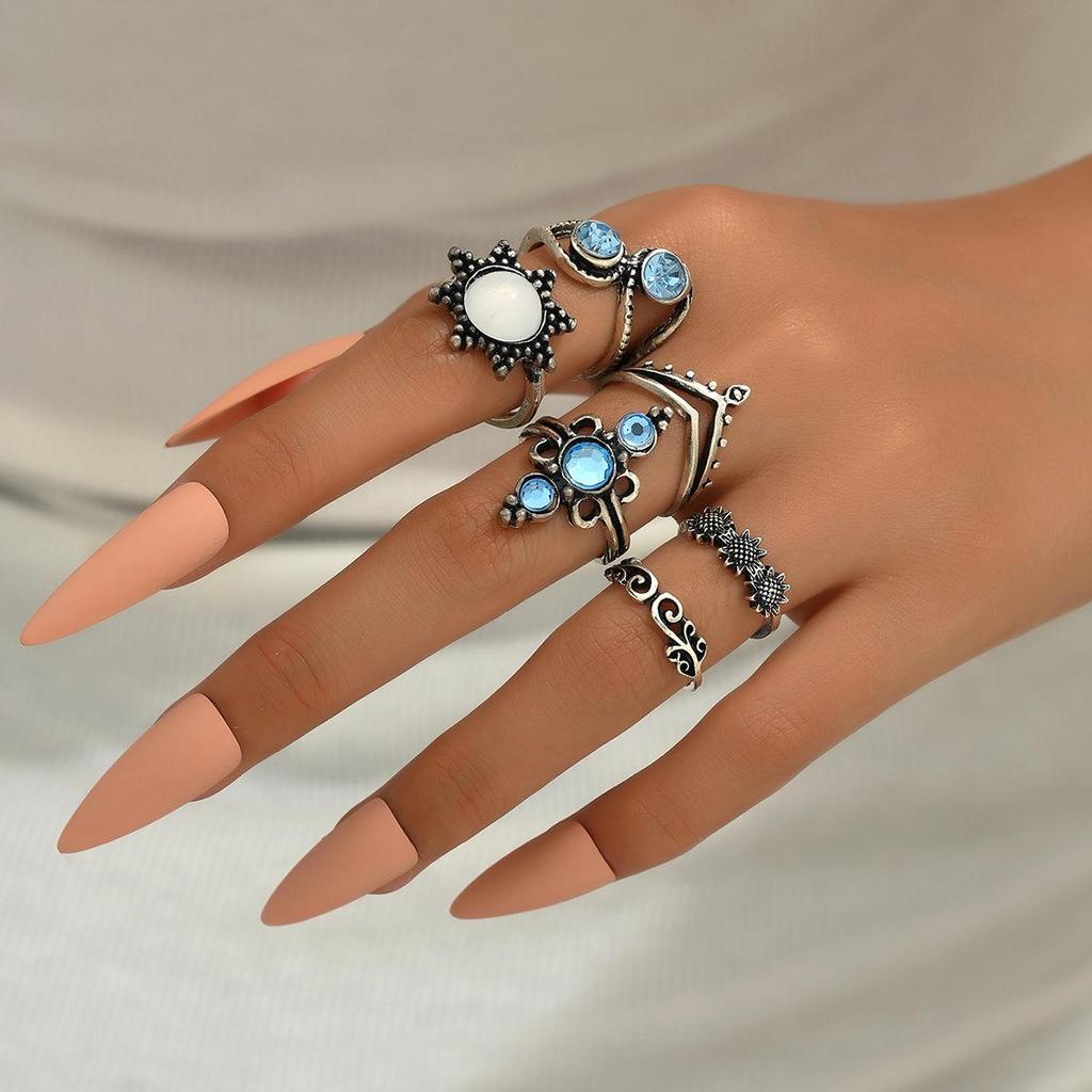Vintage Cross-border Lotus Joint Crown & Teardrop Ring Set
