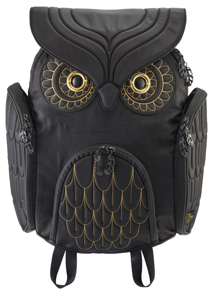 MORN CREATIONS Owl Classic Backpack, Large, Gold Embroidery, Black