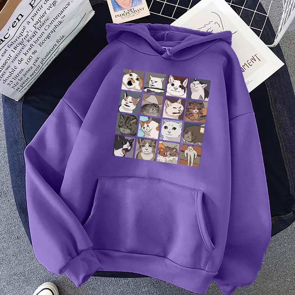 Funny Meme Cats Cartoons Print Women Hoody Hip Hop Crewneck Hoodies Oversized Fleece Pullovers Fashion Casual Womens Sportswear