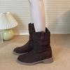 New Style Suede Western Stacked Boots Women Chunky Heeled Mid-calf Boots Women Spring Autumn Shoes Solid Retro Boots