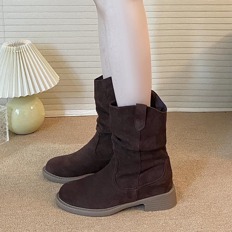 New Style Suede Western Stacked Boots Women Chunky Heeled Mid-calf Boots Women Spring Autumn Shoes Solid Retro Boots