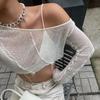 WTEMPO Brand Pure Desire Style Perspective Mesh Oblique Neck Long Sleeve Women's T-Shirt Sexy Short Loose Slim Blouse Splice Pullover Tops