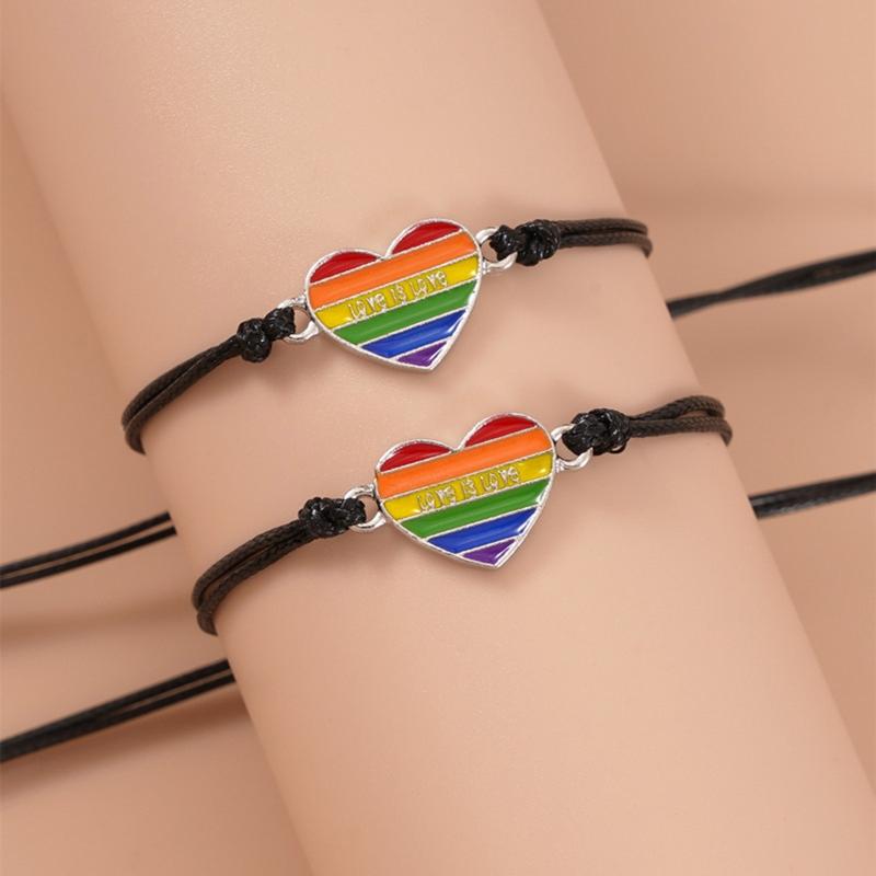 2Pcs Promise Love Heart Rainbow Strand Bracelets Set Lovely Stretchable Bracelet for Women Girls Couple Friendship