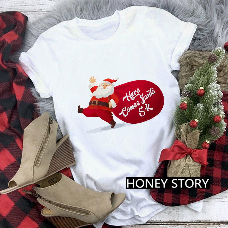 Casual Cute Cartoon Christmas Santa Graphic Female T-Shirt 90S Funny Summer Tees Loose White Blouse Short Sleeve O-Neck Crop Top