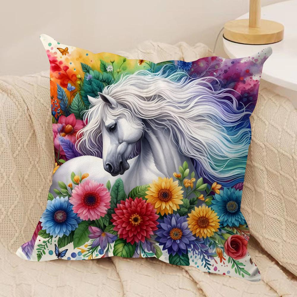 Watercolor Horse Floral Cushion Cover Soft Plush Fabric DoubleSided Printed Cushion Covers for All Seasons Modern Home Decor