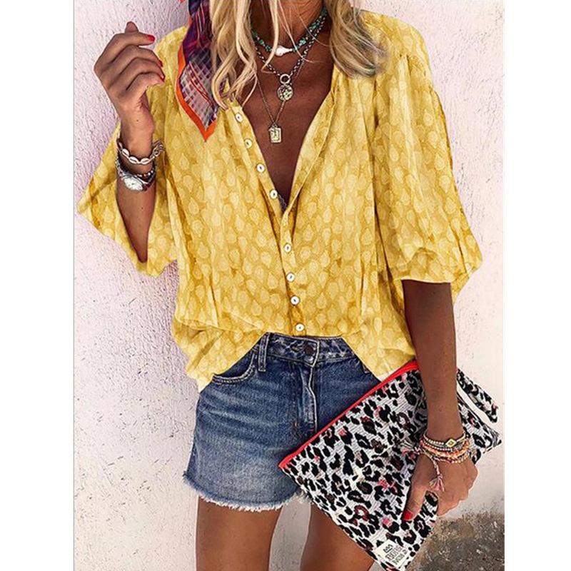 Women's Spring and Autumn Printed Long Sleeved Loose Collared Shirt Top