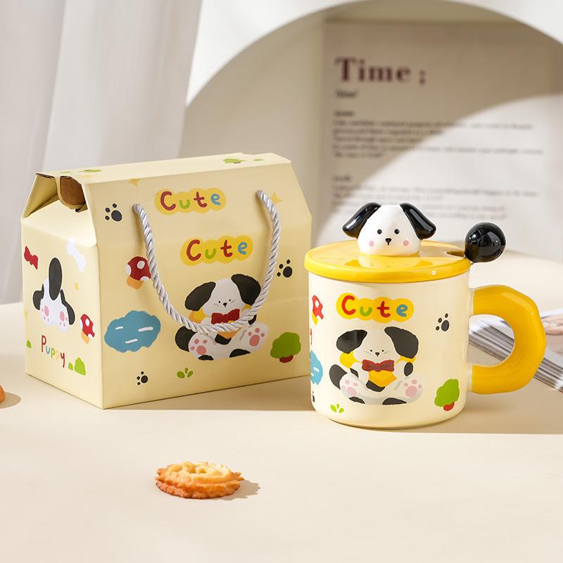 Ceramic Puppy Cup Birthday Gift Box Large Capacity Cup with Lid Spoon Global Couple Cup Souvenir