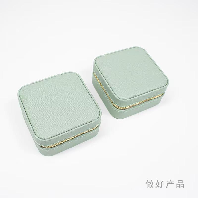 Leather Modern Jewelry Storage Box With Mirror Portable Travel Necklace Earring Ring Small Square Zipper Bag