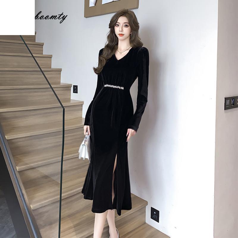 

Осенне-зимнее женское черное платье миди во французском стиле с v-образным вырезом, бархатное элегантное женственное платье русалки с длинным рукавом, вечернее платье с разрезом