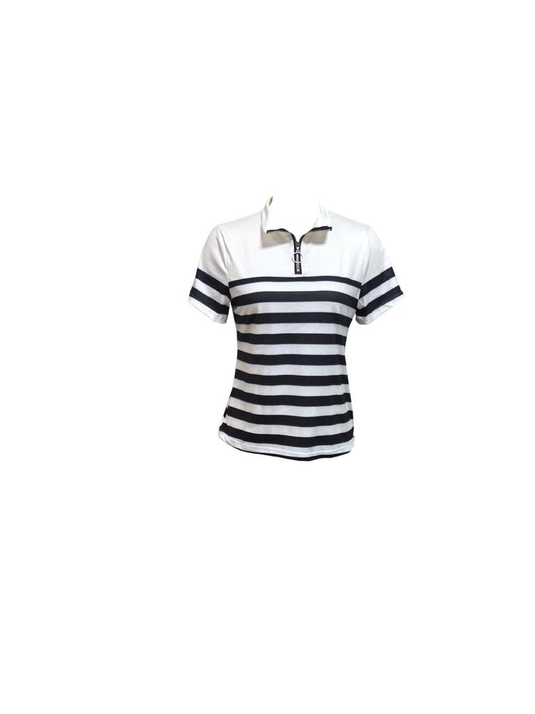 European and American Striped Polo Collar Short Sleeve Women's Autumn T-shirt - Versatile and Fashionable.