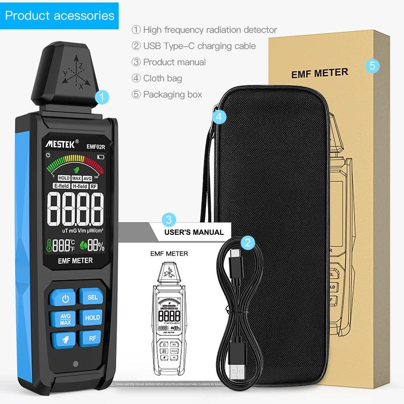 EMF02R EMF Meter 30MHz~8Ghz Electromagnetic Field Radiation Detector Ambient Temp Humidity Detector Rachargeable Radiometer