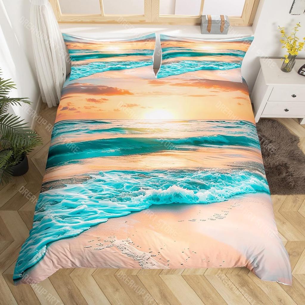 Bettwäsche-Set mit Strandthema King Queen Größe Ozeanwelle Sonnenuntergang Bettbezug Küsten-Nautik-Bettdeckenbezug Meereslandschaft Bettdeckenbezug