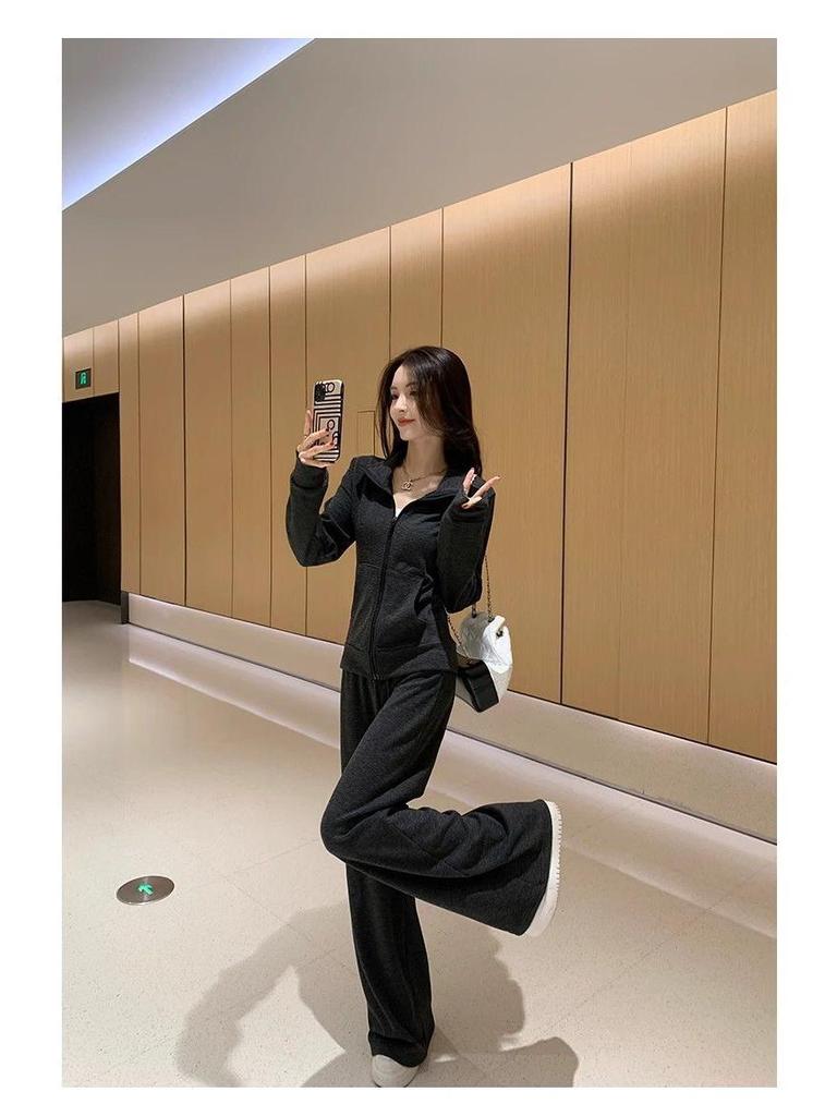 Korean Elegant Slimming Two-Piece Sportswear Set for Women - High Neck Cardigan Hoodie & Long Pants for Spring/Autumn.