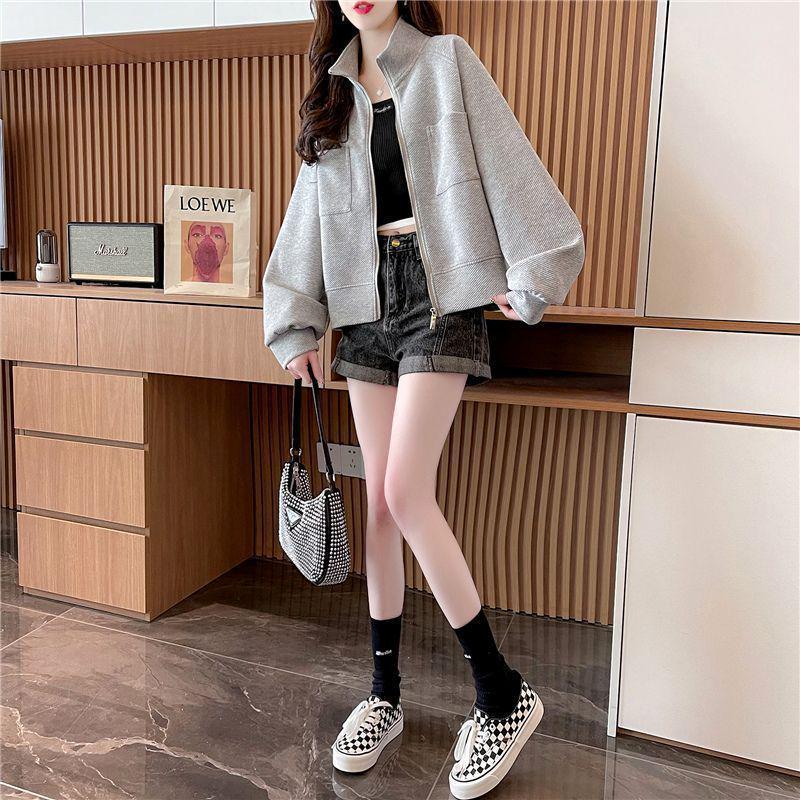 Women's Petite Korean Style Loose Zipper Jacket - Trendy Spring/Autumn Streetwear