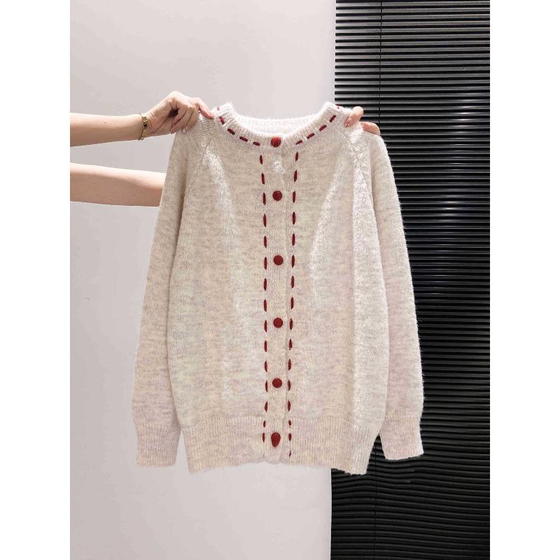 Playful age-reducing red dotted line single-breasted top cardigan women's autumn and winter thickened loose soft waxy knitted sweater jacket