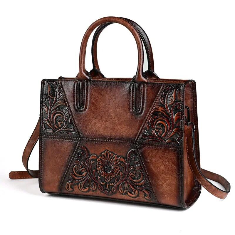 Johnature Retro Embossed Spliced Women's Leather Bag Large Capacity Versatile Shoulder Crossbody Bags