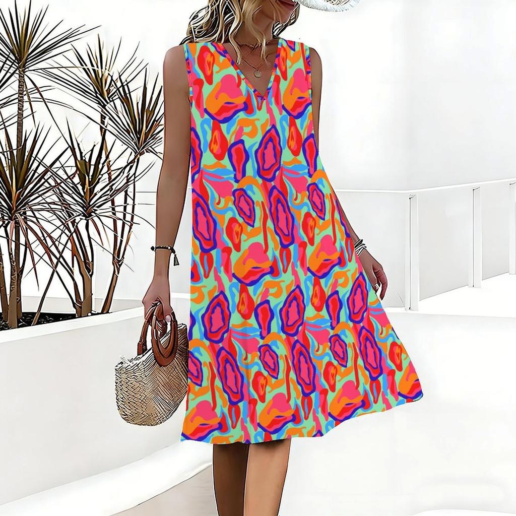 Plus Size V Neck Sleeveless Dress Soft Watercolor Peach Blossom Print For Leisure Courtyard Time