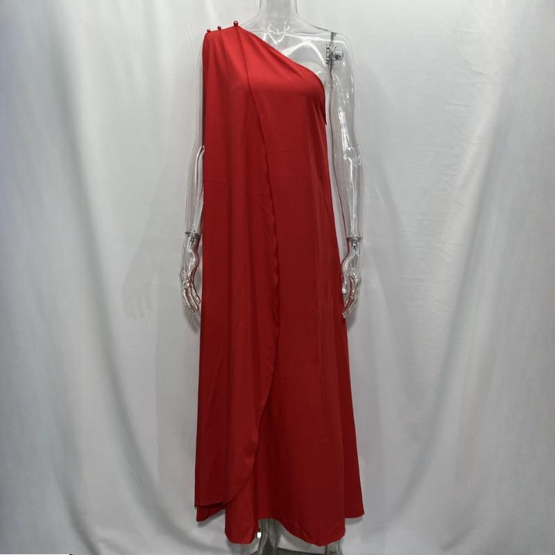 GMXIA Summer Women's Temperament Fashion Pure Colour Loose One Shoulder Long Dresses Queen Fan Dresses