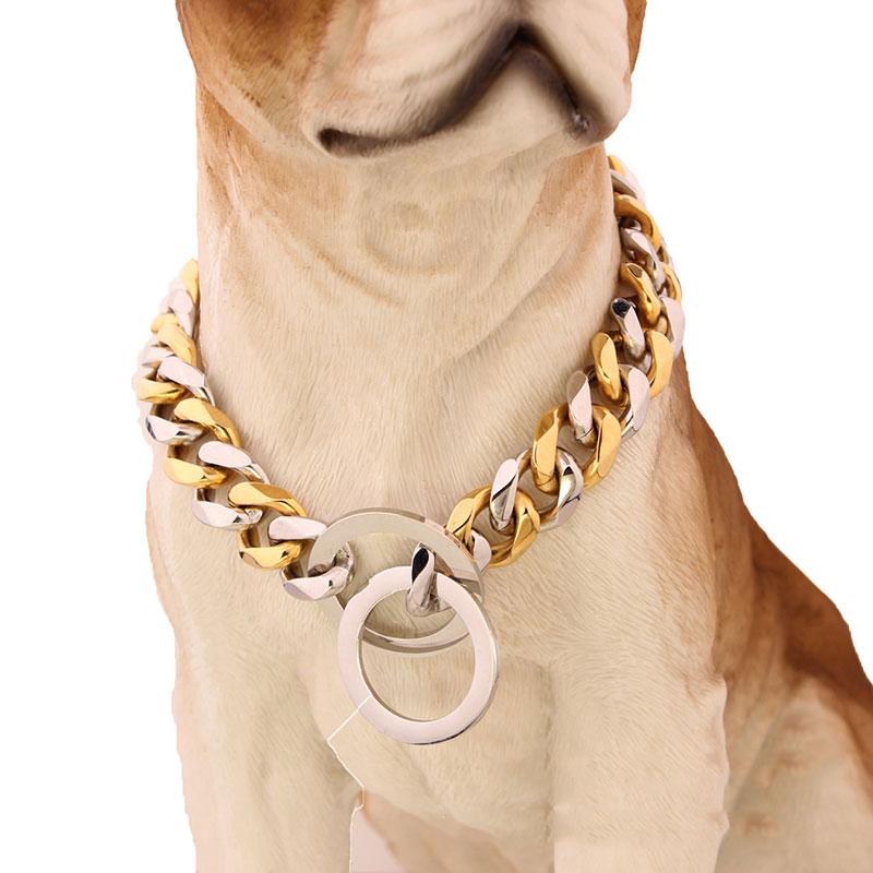 Cuban Link Thick Gold Chain Pet Collar for Large Dogs, Durable Stainless Steel with Gold Plating for Stylish and Safe Walks