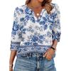Womens Casual V Neck Loose Fit Three Quarter Sleeve Blouse Floral Print Lightweight Top for Everyday Wear