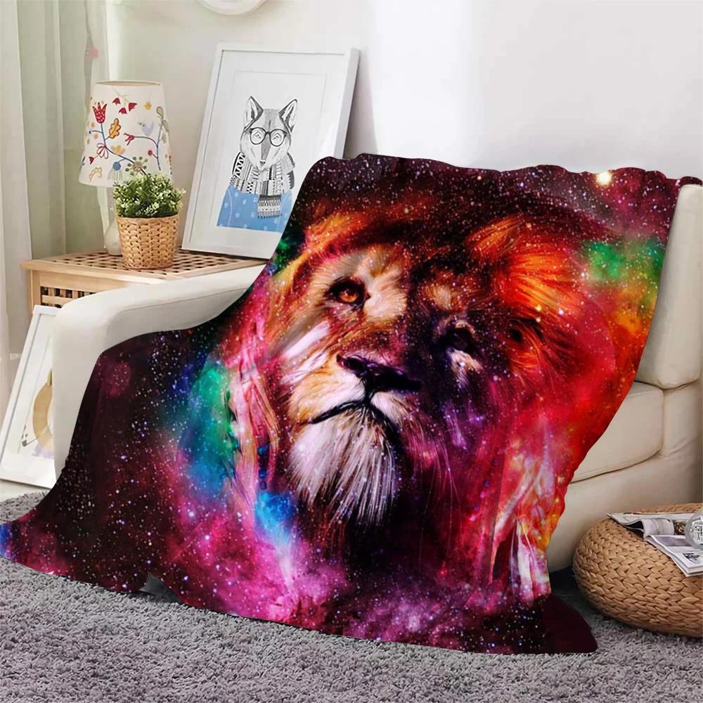 Colourful Lion Pattern Flannel Throw Blanket King Queen Size Super Soft Warm Blanket for Bed Sofa Couch Lightweight Kid Boy Gift