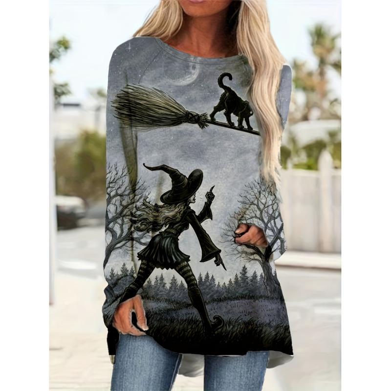 

Женская футболка большого размера с рисунком на Хэллоуин - Повседневный топ с круглым вырезом с дизайном ведьминой метлы и черного кота, костюм на Хэллоуин S