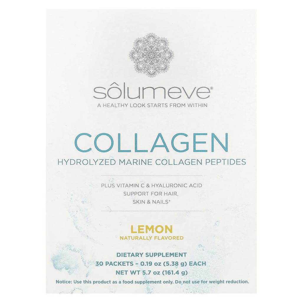Solumeve Marine kollagenpeptider, med vitamin C og hyaluronsyre, sitronsmak, 30 pakker, 5,38 g (0,19 oz) Hver