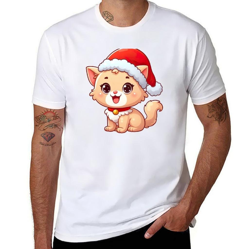 Cute Kitten In Santa Hat T-Shirt Work Outdoor T-Shirt for Men