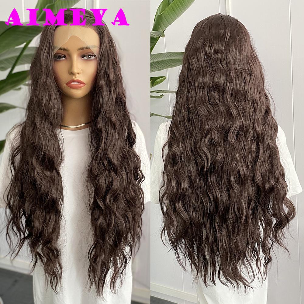 AIMEYA Brown Deep Wave Wig Long Synthetic Lace Front Wig for Women Natural Hairline Daily Use Cosplay Wigs Heat Resistant Fiber