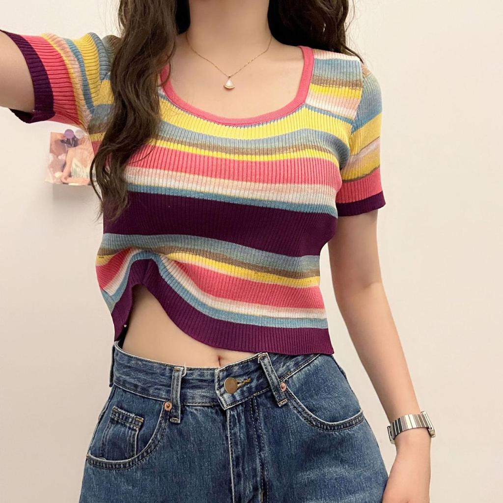 Summer Women Fashion Colorful Striped Knitted Crop Top Loose Y2k T-shirt