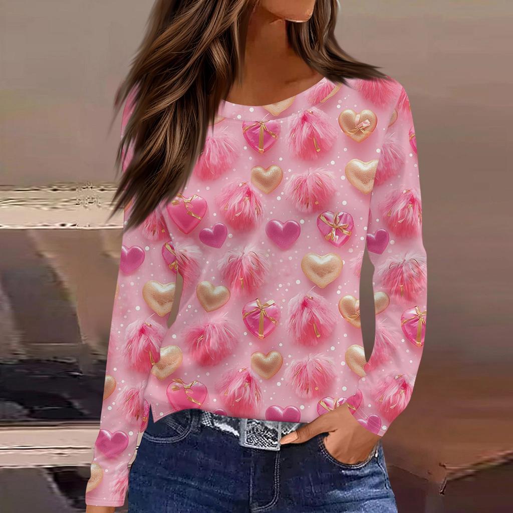 Women's Fashion Casual Slit Hem Round Neck Long Sleeve Loose Printed T-Shirt Ladies Top